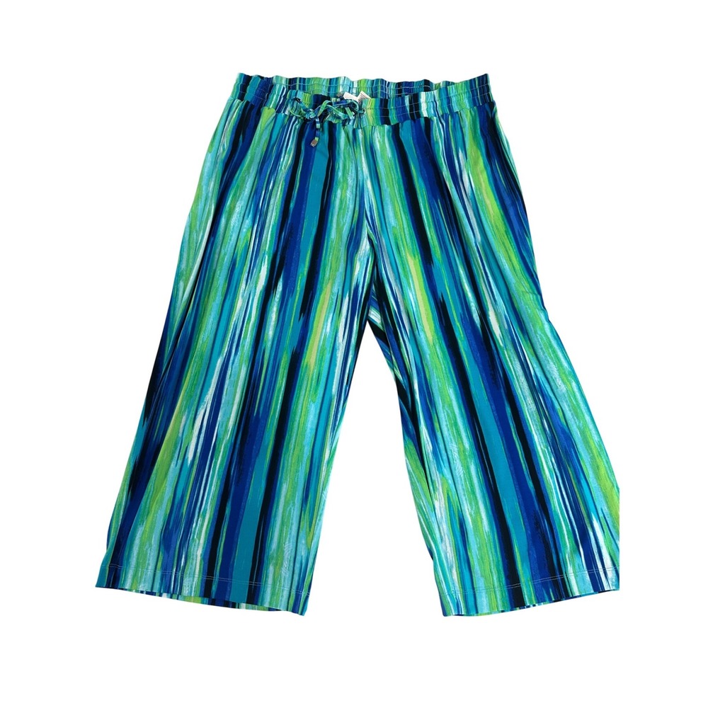 Avenue‎ Blue Green Striped Wide Leg Crop Pants Plus Size 22/24 Drawstring Knit